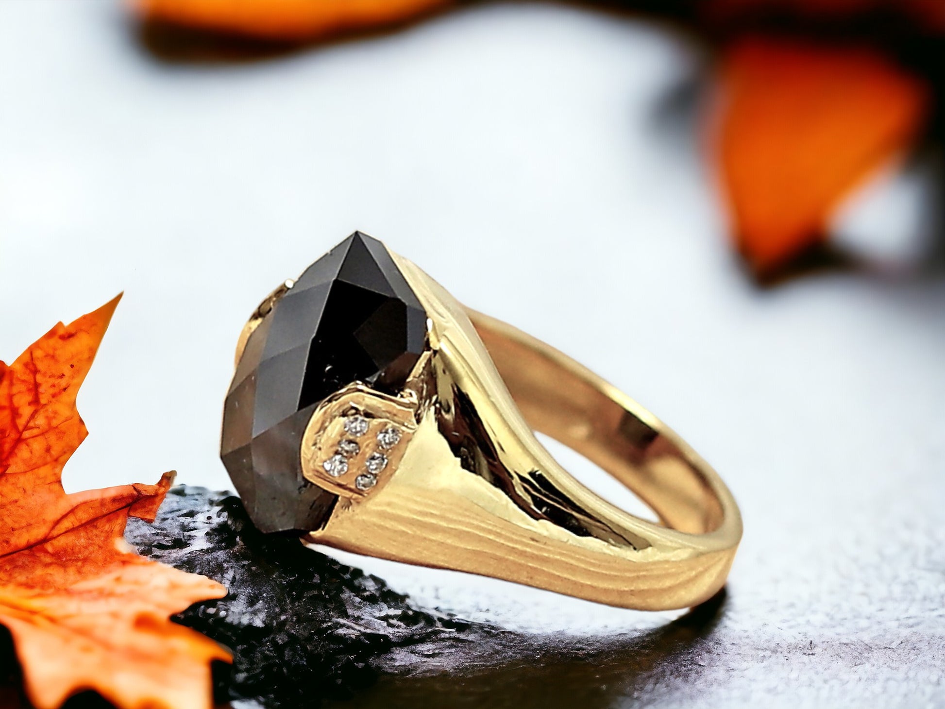 Salt and Pepper Pyramid Diamond Ring featuring a 3.75 CT natural gray pyramid cut diamond with speckled organic inclusions, accented by round diamond side stones in a bezel set geometric design with a reverse tapered 2.70 mm band, handcrafted as a bold modern statement ring.