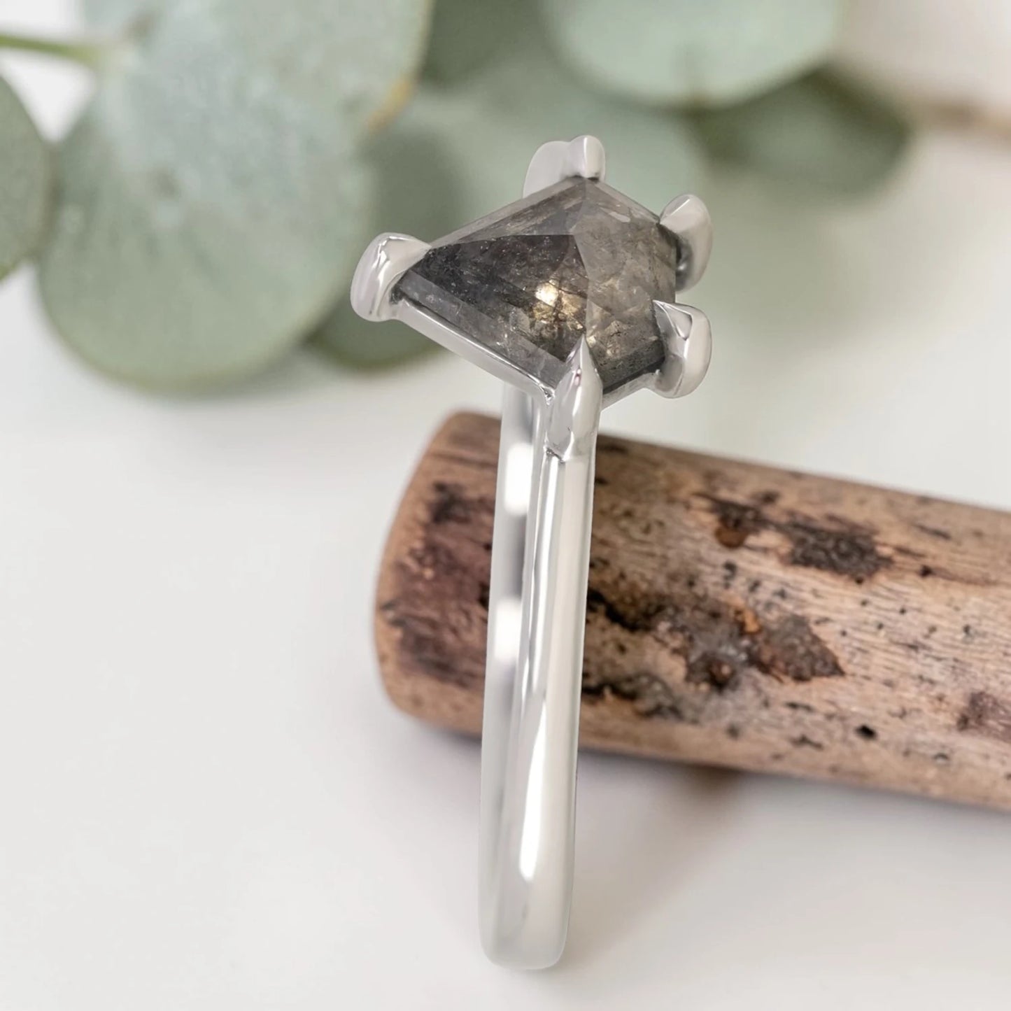Salt and Pepper Shield Cut Diamond Ring with Bezel Setting