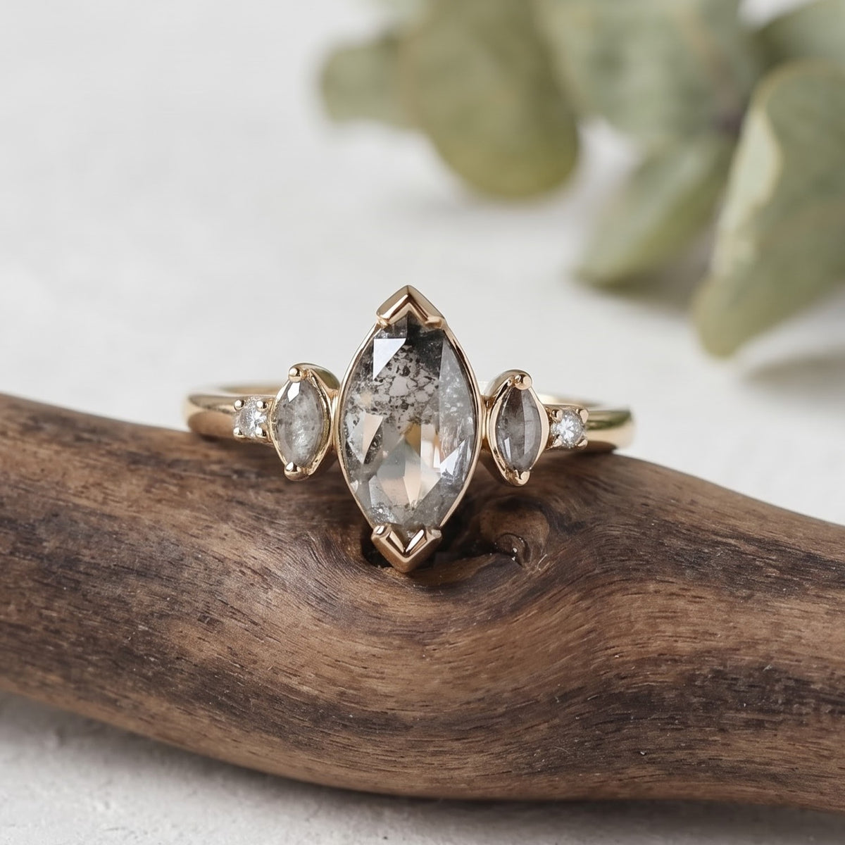 Marquise Salt and Pepper Diamond Bezel Ring Unique Handmade Ring