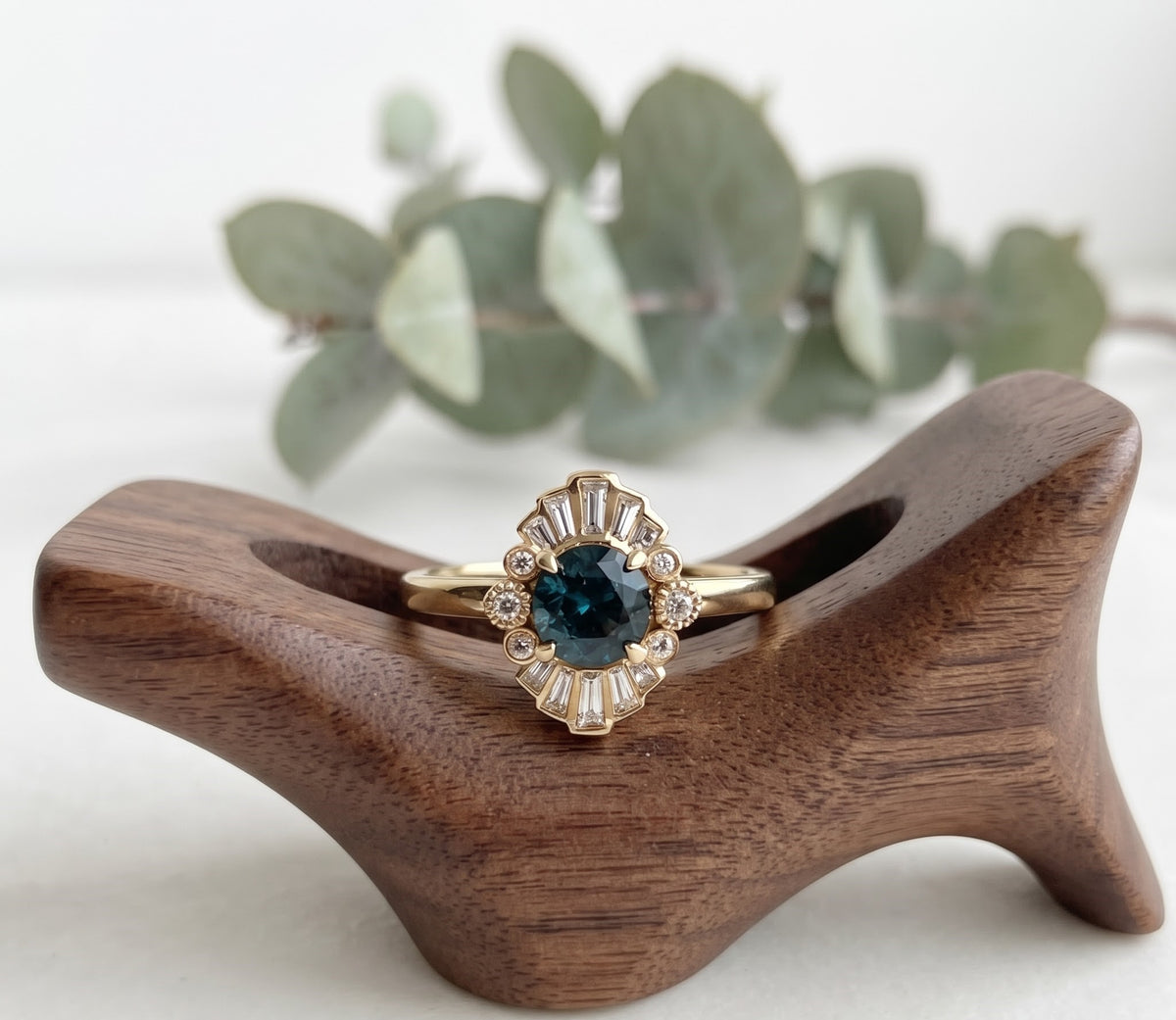 Greenish Blue Sapphire Engagement Ring with Baguette Diamonds