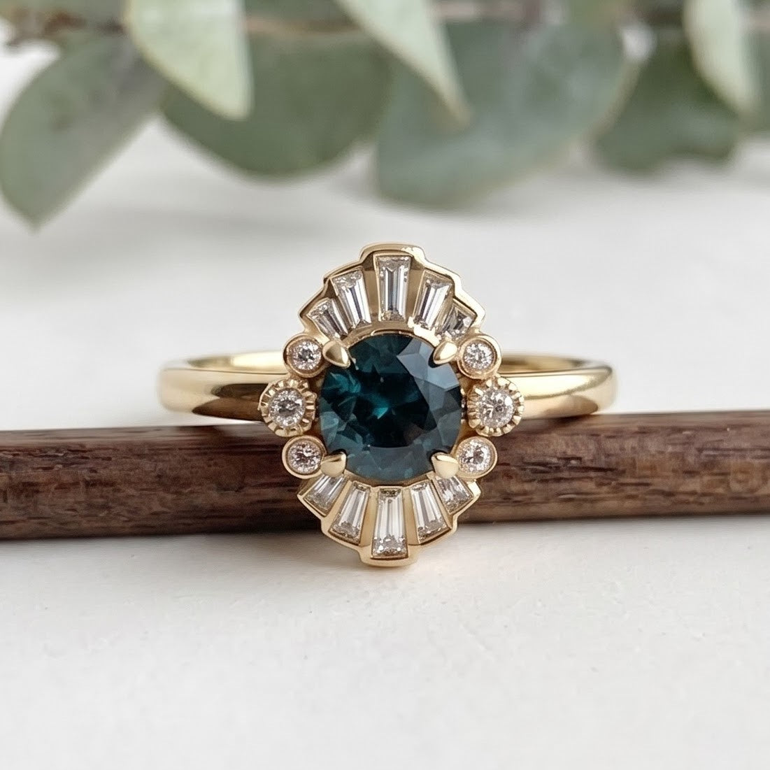 Greenish Blue Sapphire Engagement Ring with Baguette Diamonds