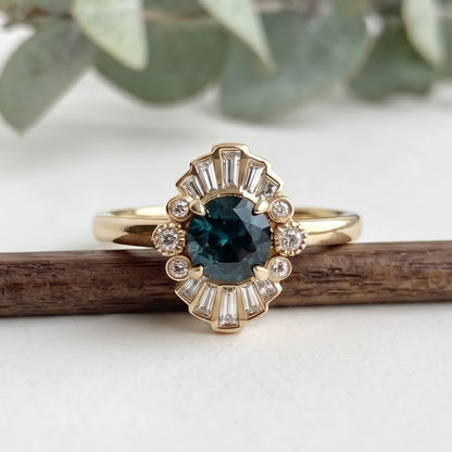 Greenish Blue Sapphire Engagement Ring with Baguette Diamonds