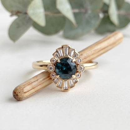 Greenish Blue Sapphire Engagement Ring with Baguette Diamonds