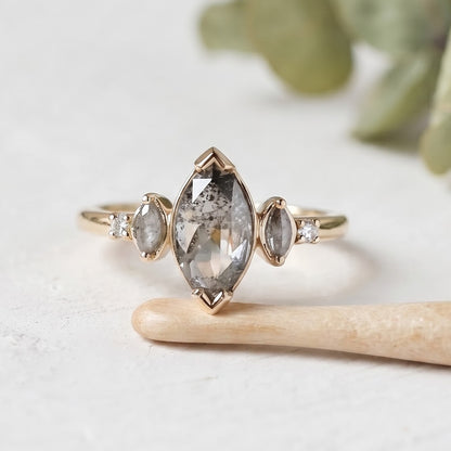 Marquise Salt and Pepper Diamond Bezel Ring Unique Handmade Ring