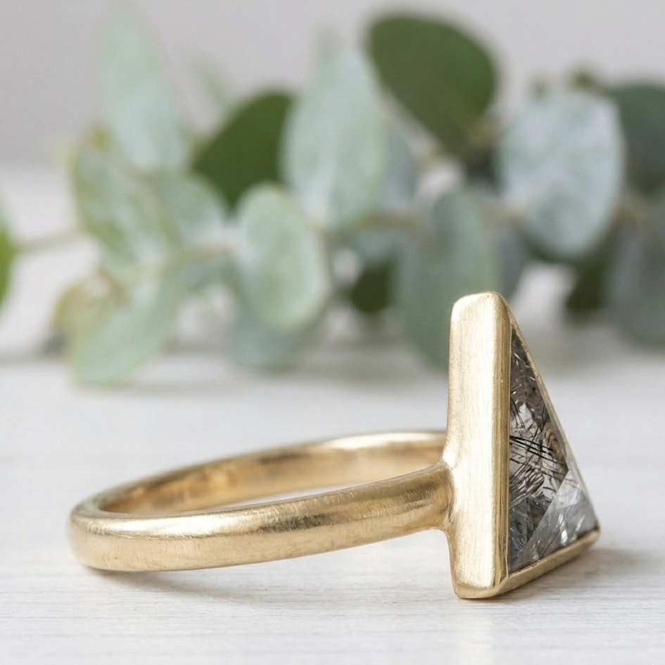 Triangle Cut Salt and Pepper Diamond Ring featuring a 1.46 CT natural salt and pepper diamond with organic inclusions in a minimalist rustic modern design with a straight 1.80 mm band and handcrafted fine jewelry finish for everyday engagement wear.