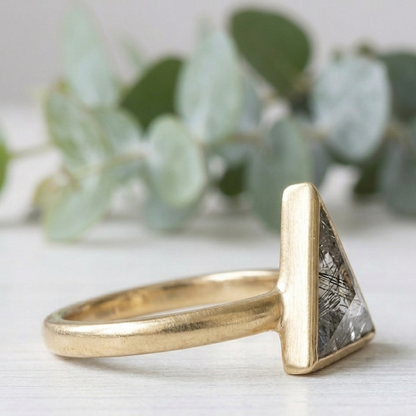 Triangle Cut Salt and Pepper Diamond Ring featuring a 1.46 CT natural salt and pepper diamond with organic inclusions in a minimalist rustic modern design with a straight 1.80 mm band and handcrafted fine jewelry finish for everyday engagement wear.