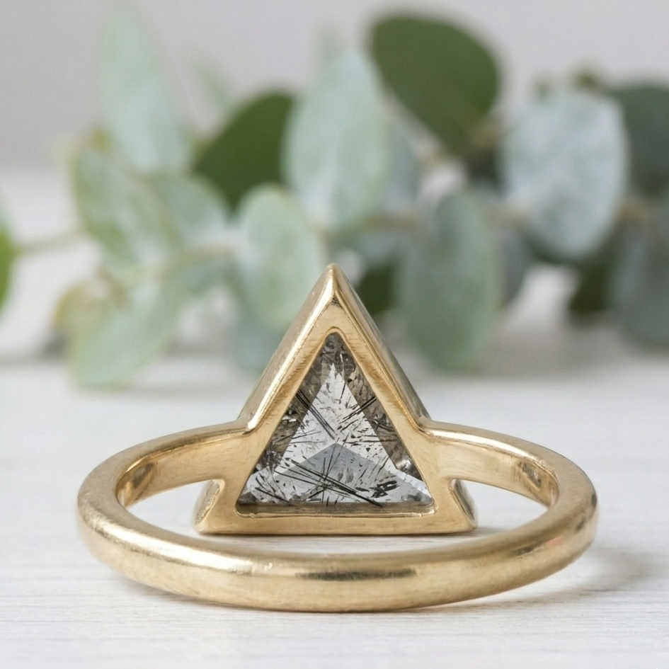 Triangle Cut Salt and Pepper Diamond Ring featuring a 1.46 CT natural salt and pepper diamond with organic inclusions in a minimalist rustic modern design with a straight 1.80 mm band and handcrafted fine jewelry finish for everyday engagement wear.