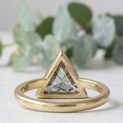 Triangle Cut Salt and Pepper Diamond Ring featuring a 1.46 CT natural salt and pepper diamond with organic inclusions in a minimalist rustic modern design with a straight 1.80 mm band and handcrafted fine jewelry finish for everyday engagement wear.