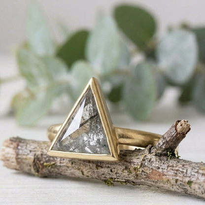 Triangle Cut Salt and Pepper Diamond Ring featuring a 1.46 CT natural salt and pepper diamond with organic inclusions in a minimalist rustic modern design with a straight 1.80 mm band and handcrafted fine jewelry finish for everyday engagement wear.
