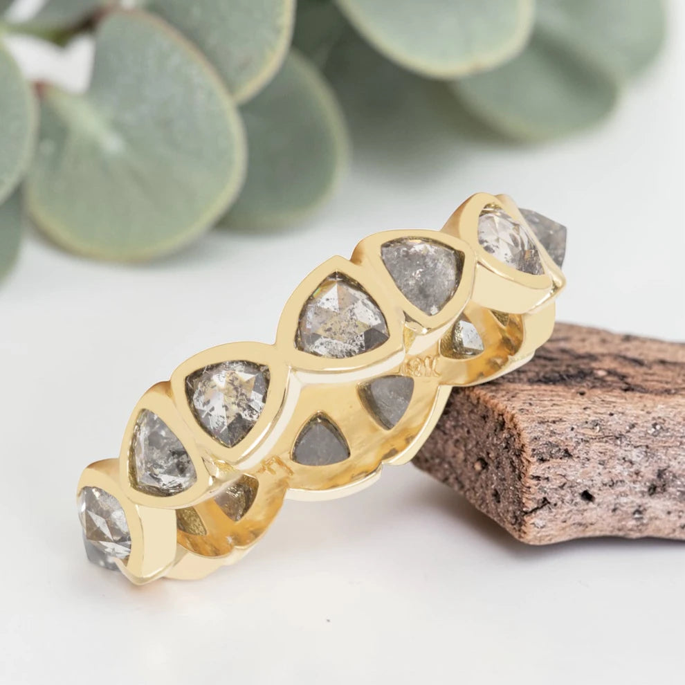 Trilliant Cut Salt and Pepper Diamond Guardian Bar Eternity Ring featuring natural salt and pepper diamonds with organic inclusions in a bold handmade design with a 4.55 mm straight band and modern vintage fusion fine jewelry aesthetic.