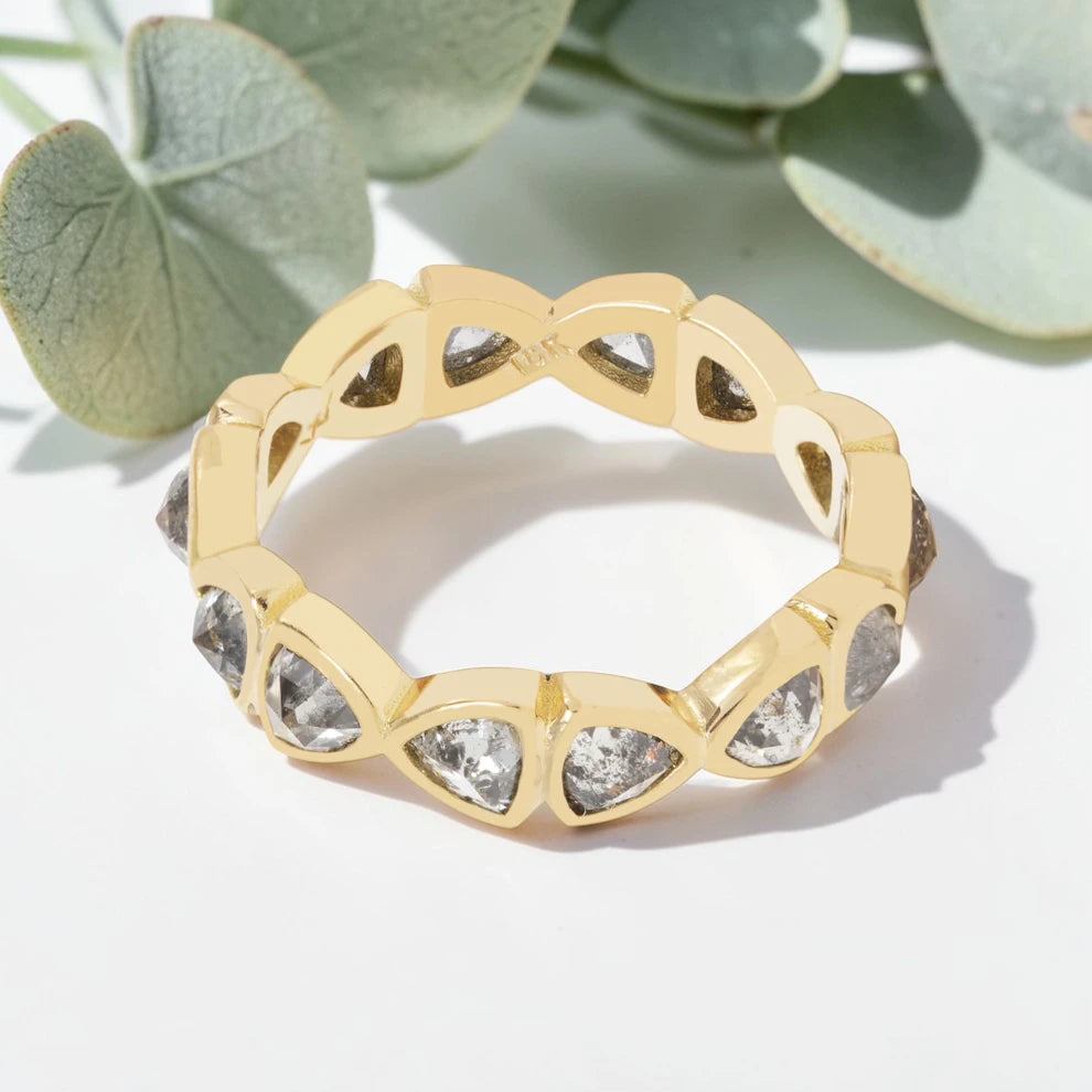 Trilliant Cut Salt and Pepper Diamond Guardian Bar Eternity Ring featuring natural salt and pepper diamonds with organic inclusions in a bold handmade design with a 4.55 mm straight band and modern vintage fusion fine jewelry aesthetic.