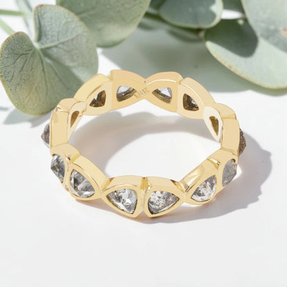 Trilliant Cut Salt and Pepper Diamond Guardian Bar Eternity Ring featuring natural salt and pepper diamonds with organic inclusions in a bold handmade design with a 4.55 mm straight band and modern vintage fusion fine jewelry aesthetic.