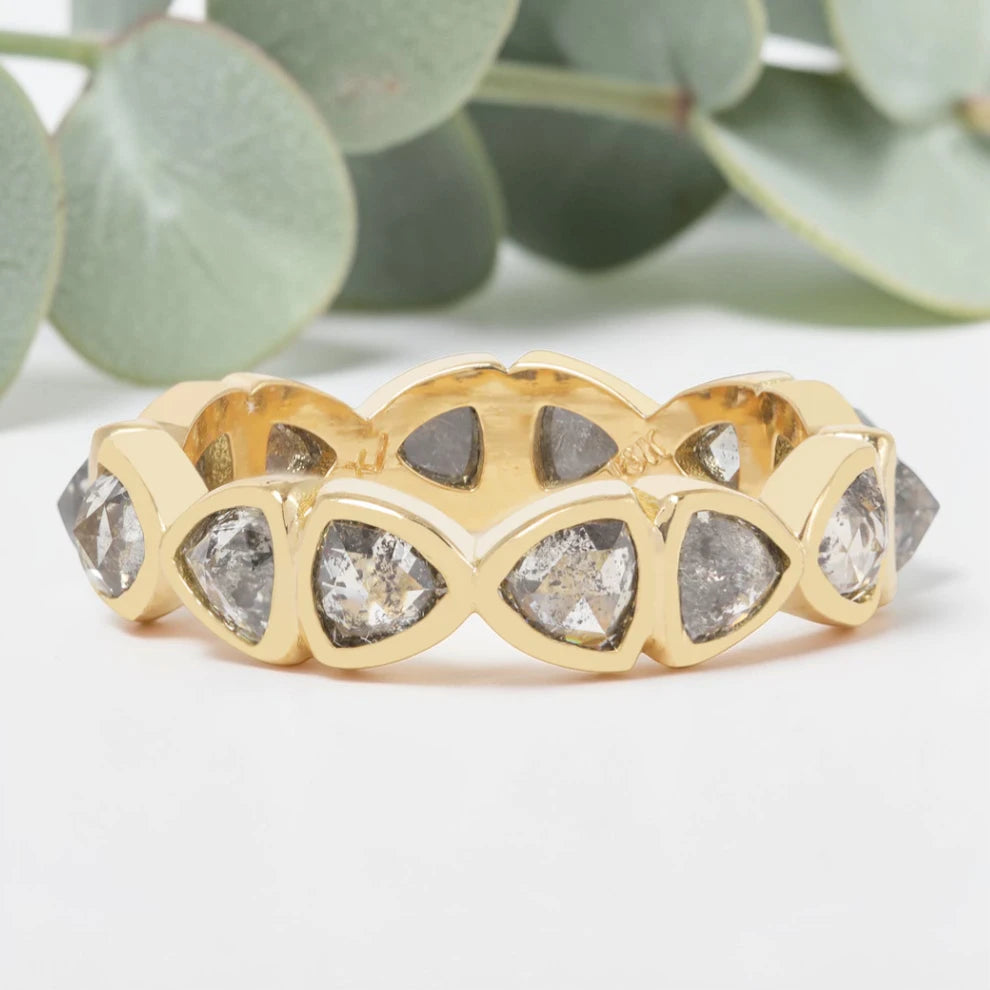Trilliant Cut Salt and Pepper Diamond Guardian Bar Eternity Ring featuring natural salt and pepper diamonds with organic inclusions in a bold handmade design with a 4.55 mm straight band and modern vintage fusion fine jewelry aesthetic.