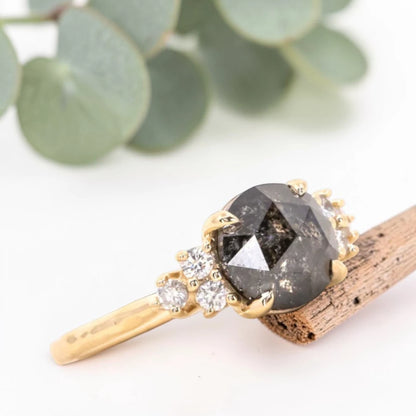 Rose Cut Salt & Pepper Diamond Cluster Ring in 14K Yellow Gold